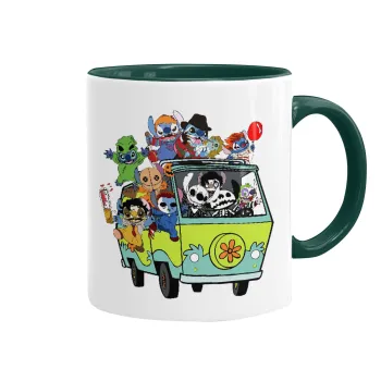 Stitch Halloween scooby car, Κούπα χρωματιστή πράσινη, κεραμική, 330ml