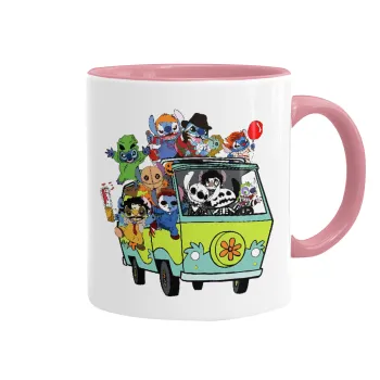 Stitch Halloween scooby car, Κούπα χρωματιστή ροζ, κεραμική, 330ml