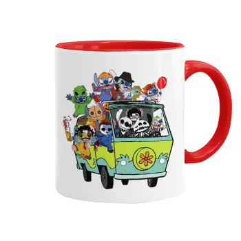 Stitch Halloween scooby car, Κούπα χρωματιστή κόκκινη, κεραμική, 330ml