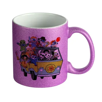 Stitch Halloween scooby car, Κούπα Μωβ Glitter που γυαλίζει, κεραμική, 330ml
