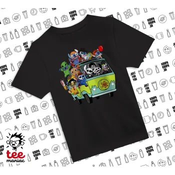 Stitch Halloween scooby car, Άνετο παιδικό T-Shirt ΜΑΥΡΟ από 100% βαμβάκι, για κάθε μέρα. Vegan & OEKO-TEX πιστοποιημένο.