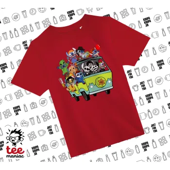 Stitch Halloween scooby car, Άνετο παιδικό T-Shirt ΚΟΚΚΙΝΟ από 100% βαμβάκι, για κάθε μέρα. Vegan & OEKO-TEX πιστοποιημένο.