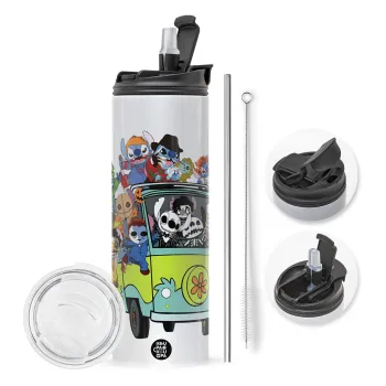 Stitch Halloween scooby car, Travel Tumbler θερμό με διπλό καπάκι, μεταλλικό καλαμάκι και βούρτσα καθαρισμού (Ανωξείδωτο 304 Food grade, BPA free, 600ml)