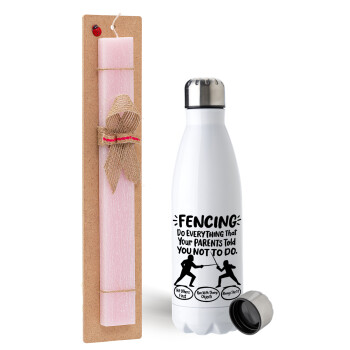 Fencing, do everything that your parents told you not to do., Easter Set, metallic stainless steel water bottle (750ml) & scented flat Easter candle (30cm) (PINK)