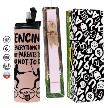 Fencing, do everything that your parents told you not to do., Πασχαλινή Λαμπάδα με  ΡΟΖ Travel Tumbler θερμό (600ml, BPA free) & κερί αρωματικό πλακέ (30cm) (ΡΟΖ)