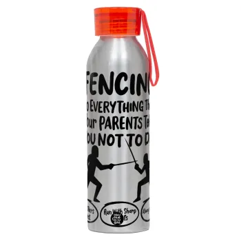 Fencing, do everything that your parents told you not to do., Αλουμινένιο Αθλητικό Μπουκάλι 650ml – Ασημί με Κόκκινο Καπάκι και Λουράκι Σιλικόνης