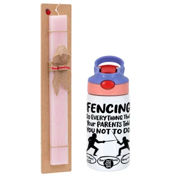 Fencing, do everything that your parents told you not to do., Πασχαλινή Λαμπάδα με Παιδικό παγούρι θερμό, ανοξείδωτο, με καλαμάκι ασφαλείας, ροζ/μωβ (350ml) & κερί αρωματικό πλακέ (30cm) (ΡΟΖ)