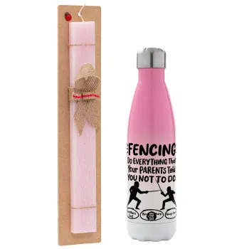 Fencing, do everything that your parents told you not to do., Πασχαλινή Λαμπάδα με Μεταλλικό παγούρι θερμός Ροζ/Λευκό (Stainless steel), διπλού τοιχώματος, 500ml & κερί αρωματικό πλακέ (30cm) (ΡΟΖ)