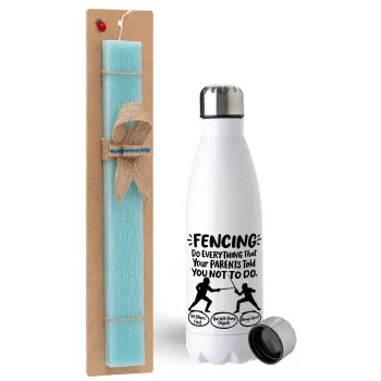 Fencing, do everything that your parents told you not to do., Easter Set, metallic stainless steel water bottle (750ml) & aromatic flat Easter candle (30cm) (TURQUOISE)