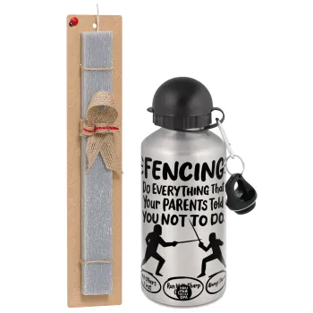 Fencing, do everything that your parents told you not to do., Πασχαλινή Λαμπάδα με παγούρι μεταλλικό Ασημένιο αλουμινίου (500ml) & κερί αρωματικό πλακέ (30cm) (ΓΚΡΙ)