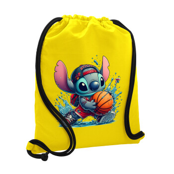 Stitch Basketball, Τσάντα πλάτης πουγκί GYMBAG Κίτρινη, με τσέπη (40x48cm) & χονδρά κορδόνια