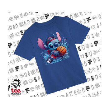 Stitch Basketball, Παιδικό T-Shirt ΜΠΛΕ από 100% βαμβάκι, για κάθε μέρα. Vegan & OEKO-TEX πιστοποιημένο.