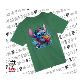 Stitch Basketball, Άνετο παιδικό T-Shirt ΠΡΑΣΙΝΟ από 100% βαμβάκι, για κάθε μέρα. Vegan & OEKO-TEX πιστοποιημένο.