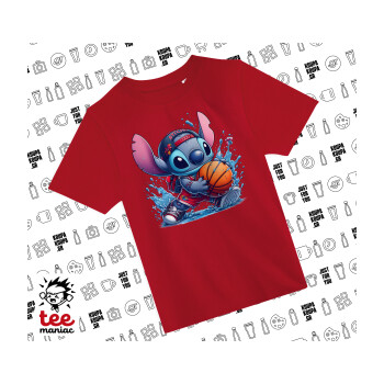 Stitch Basketball, Άνετο παιδικό T-Shirt ΚΟΚΚΙΝΟ από 100% βαμβάκι, για κάθε μέρα. Vegan & OEKO-TEX πιστοποιημένο.
