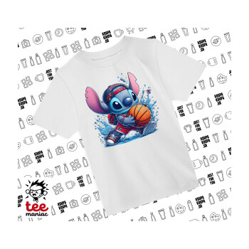 Stitch Basketball, Άνετο παιδικό T-Shirt ΛΕΥΚΟ από 100% βαμβάκι, για κάθε μέρα. Vegan & OEKO-TEX πιστοποιημένο.