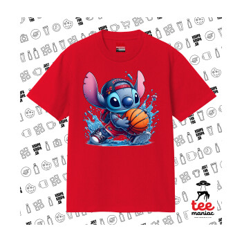 Stitch Basketball, Κλασικό T-Shirt, διπλής ραφής, χωρίς πλευρικές ραφές ΚΟΚΚΙΝΟ από 100% βαμβάκι. Vegan & OEKO-TEX πιστοποιημένο.