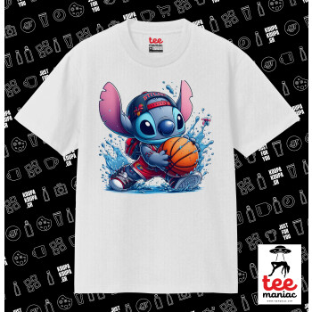 Stitch Basketball, Κλασικό T-Shirt, διπλής ραφής, χωρίς πλευρικές ραφές ΛΕΥΚΟ από 100% βαμβάκι. Vegan & OEKO-TEX πιστοποιημένο.