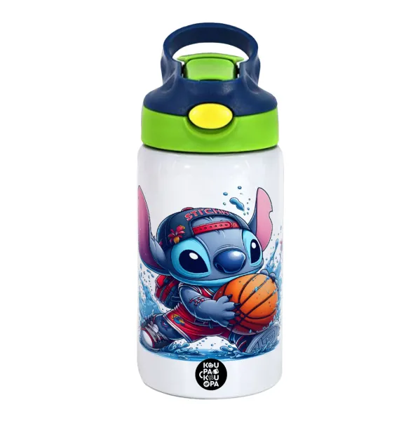 Stitch Basketball — Παιδικό παγούρι θερμό, ανοξείδωτο, με καλαμάκι ασφαλείας, πράσινο/μπλε (350ml)