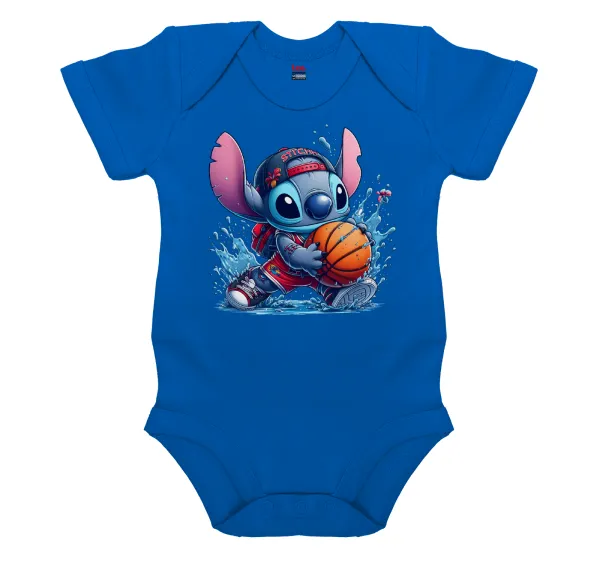 Stitch Basketball — Βρεφικό φορμάκι μωρού, Μπλε Κοβαλτίου, 100% Organic Cotton, κοντομάνικο