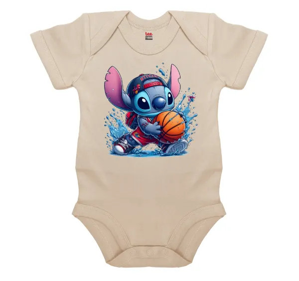 Stitch Basketball — Βρεφικό φορμάκι μωρού, 0-18 μηνών, Natural, 100% Organic Cotton, κοντομάνικο