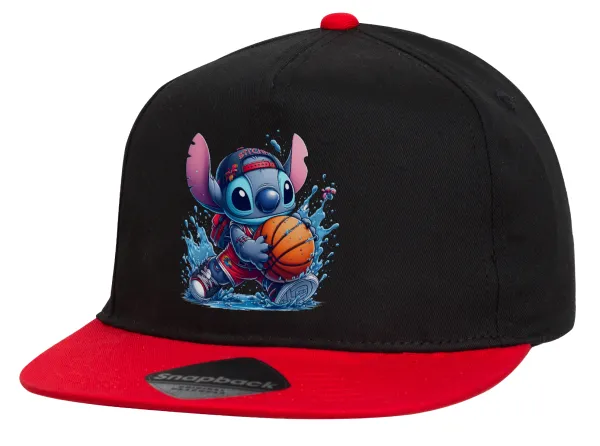 Stitch Basketball — Καπέλο Flat Snapback, Μαύρο/Κόκκινο (100% ΒΑΜΒΑΚΕΡΟ,UNISEX, ONE SIZE)
