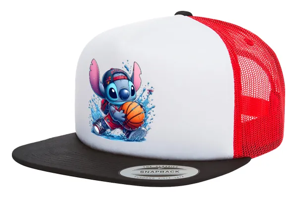 Stitch Basketball — Adult Foam Flat Snapback with Mesh Black-White-Red (POLYESTER, ADULT, UNISEX, ONE SIZE)