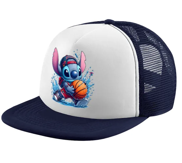 Stitch Basketball — Adult Soft Trucker Hat with Dark Blue/White Mesh (POLYESTER, ADULT, UNISEX, ONE SIZE)