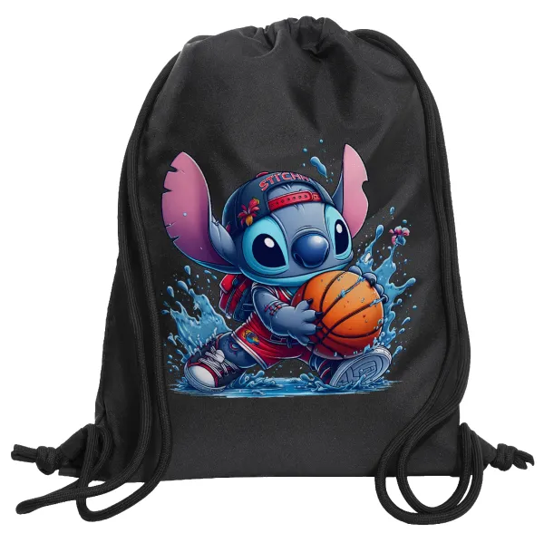 Stitch Basketball — Τσάντα πλάτης πουγκί GYMBAG Μαύρη, με τσέπη (40x48cm) & χονδρά κορδόνια