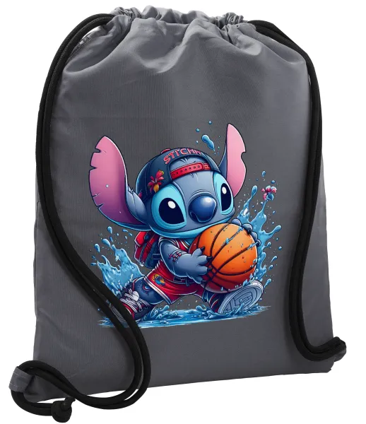 Stitch Basketball — Τσάντα πλάτης πουγκί GYMBAG ΓΚΡΙ, με τσέπη (40x48cm) & χονδρά κορδόνια