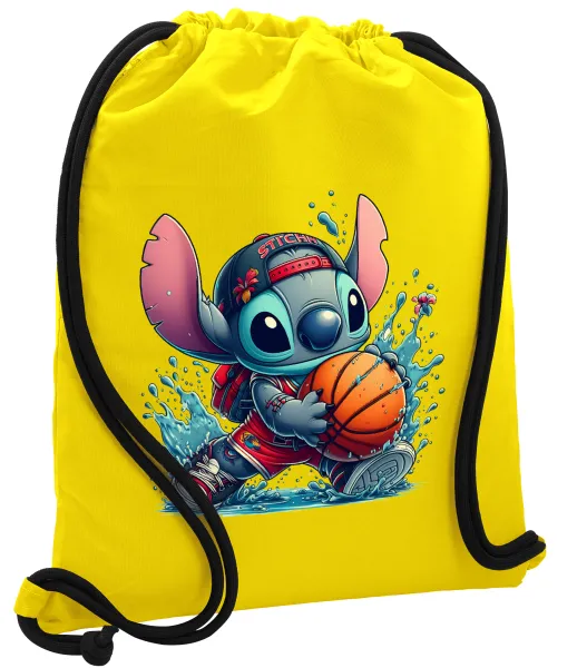 Stitch Basketball — Τσάντα πλάτης πουγκί GYMBAG Κίτρινη, με τσέπη (40x48cm) & χονδρά κορδόνια