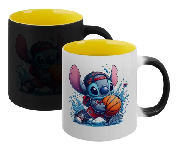 Stitch Basketball — Κούπα Μαγική εσωτερικό κίτρινη, κεραμική 330ml που αλλάζει χρώμα με το ζεστό ρόφημα