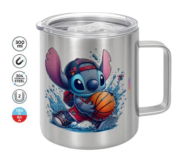 Stitch Basketball — Double-walled stainless steel mug 300ml with temperature-retaining lid
