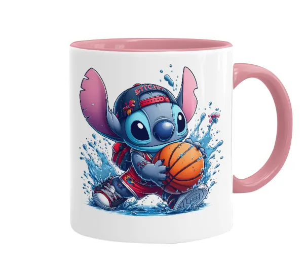 Stitch Basketball — Κούπα χρωματιστή ροζ, κεραμική, 330ml