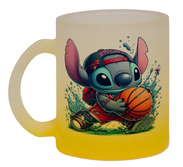 Stitch Basketball — Κούπα γυάλινη δίχρωμη με βάση το κίτρινο ματ, 330ml