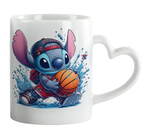 Stitch Basketball — Κούπα καρδιά χερούλι λευκή, κεραμική, 330ml