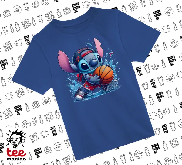Stitch Basketball — ΜΠΛΕ Παιδικό T-Shirt από 100% βαμβάκι, για κάθε μέρα. Vegan & OEKO-TEX πιστοποιημένο.