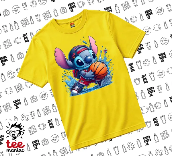 Stitch Basketball — Κίτρινο Άνετο παιδικό T-Shirt από 100% βαμβάκι, για κάθε μέρα. Vegan & OEKO-TEX πιστοποιημένο.