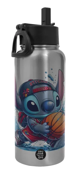 Stitch Basketball — Metal mug thermo Silver with Straw and Spout Lid (Stainless steel), double wall, 950ml