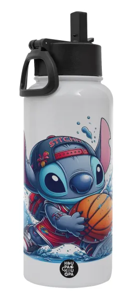 Stitch Basketball — Μεταλλικό παγούρι θερμός Λευκό με καλαμάκι και χερούλι (Stainless steel), διπλού τοιχώματος, 950ml