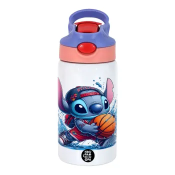 Stitch Basketball, Children's hot water bottle, stainless steel, with safety straw, pink/purple (350ml)