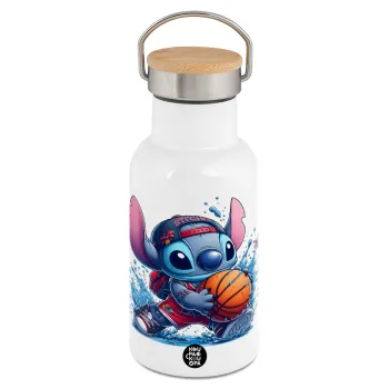 Stitch Basketball, Μεταλλικό παγούρι θερμός (Stainless steel) Λευκό με ξύλινο καπακι (bamboo), διπλού τοιχώματος, 350ml