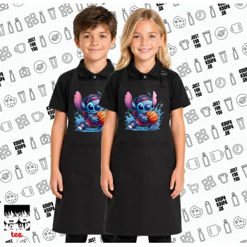 Stitch Basketball, Μαύρη ΠΑΙΔΙΚΗ Ποδιά μακριά Σεφ ολόσωμη με τσέπες