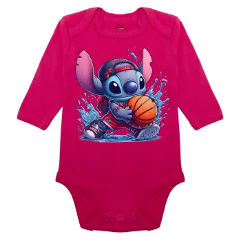 Stitch Basketball, Μακρυμάνικο βρεφικό φορμάκι, 0-18 μηνών, ΡΟΖ, 100% Organic Cotton