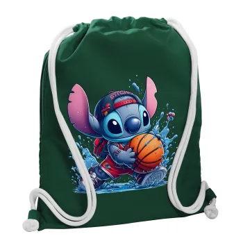 Stitch Basketball, Τσάντα πλάτης πουγκί GYMBAG BOTTLE GREEN, με τσέπη (40x48cm) & χονδρά λευκά κορδόνια