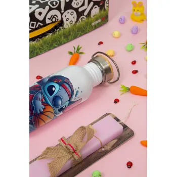 Stitch Basketball, Πασχαλινή Λαμπάδα με παγούρι μεταλλικό (620ml, stainless steel) & κερί αρωματικό πλακέ (30cm) (ΡΟΖ)