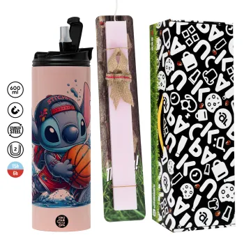 Stitch Basketball, Πασχαλινή Λαμπάδα με  ΡΟΖ Travel Tumbler θερμό (600ml, BPA free) & κερί αρωματικό πλακέ (30cm) (ΡΟΖ)