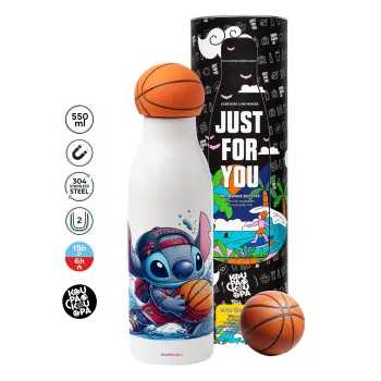Stitch Basketball, Μπάλα μπάσκετ μεταλλικό παγούρι θερμός, διπλού τοιχώματος, 550ml