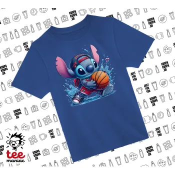 Stitch Basketball, Παιδικό T-Shirt ΜΠΛΕ από 100% βαμβάκι, για κάθε μέρα. Vegan & OEKO-TEX πιστοποιημένο.