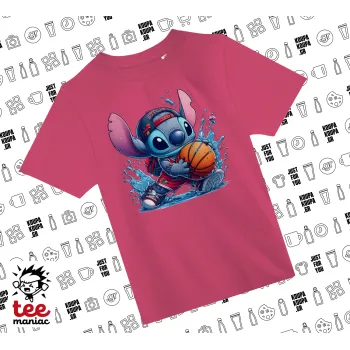 Stitch Basketball, ΡΟΖ παιδικό T-Shirt από 100% βαμβάκι, για κάθε μέρα. Vegan & OEKO-TEX πιστοποιημένο.
