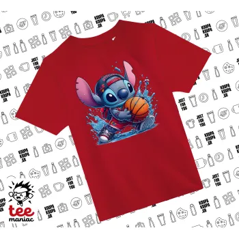 Stitch Basketball, Άνετο παιδικό T-Shirt ΚΟΚΚΙΝΟ από 100% βαμβάκι, για κάθε μέρα. Vegan & OEKO-TEX πιστοποιημένο.